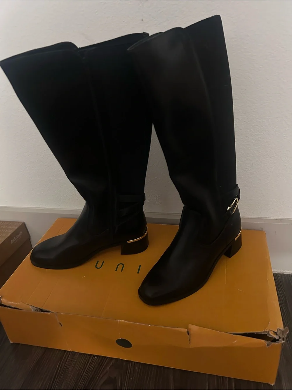 Unisa Black Over-the-Knee Riding Boots with Gold Accent